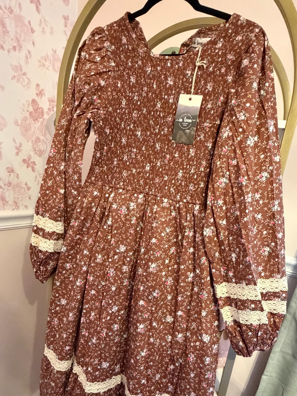 In Bloom Brown Floral Smocked Dress with Cream Lace Trim